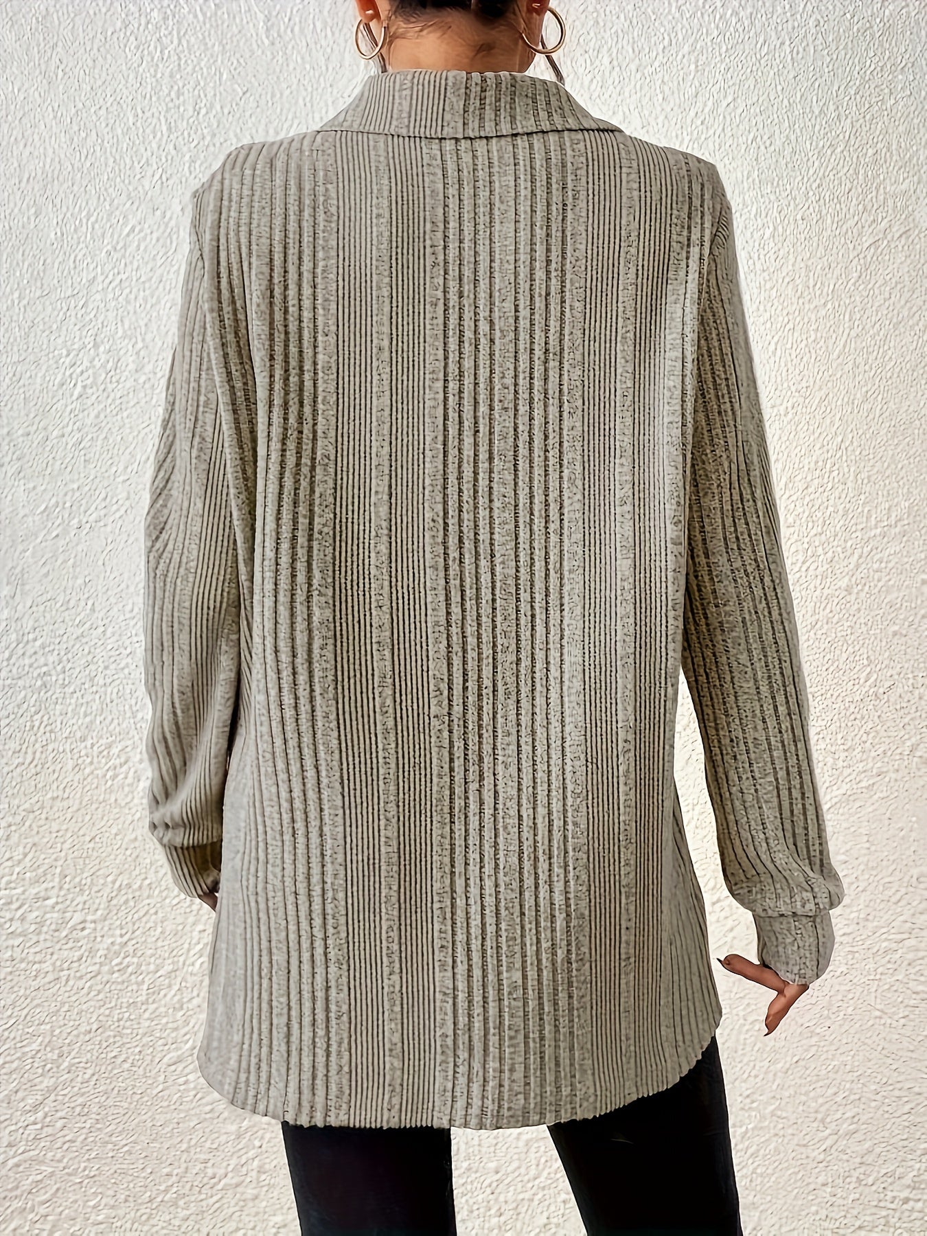 1pc Elegant Solid Color Ribbed Knit V-Neck T-Shirt, Long Sleeve Polyester Top for Women, Spring/Fall Casual Wear