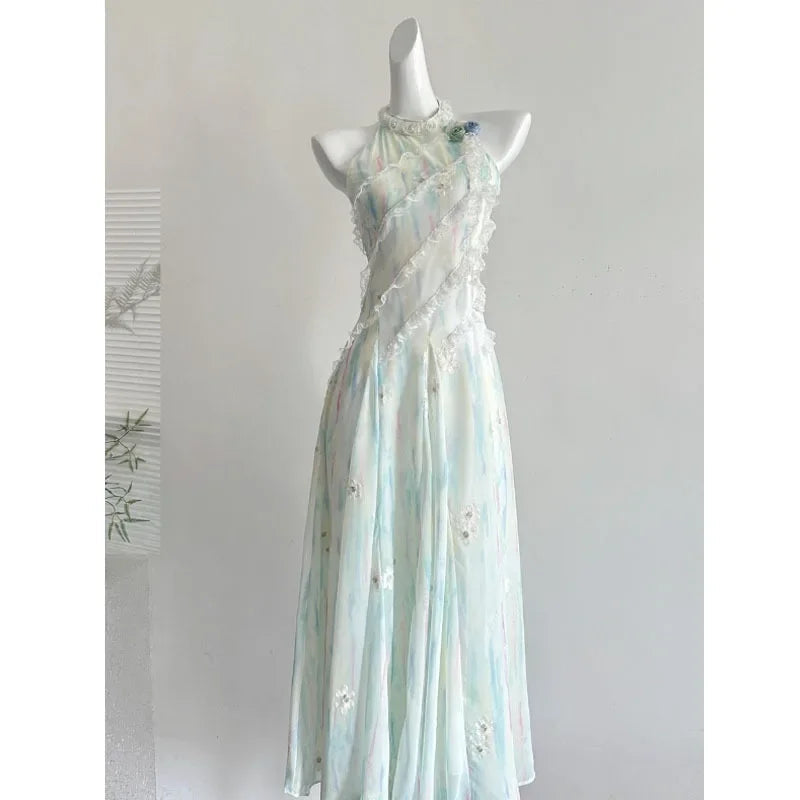 New 2025 Jasmine Green 2.0 Summer Fairy Sweet Slimming Waist Long Dress Design Sense Skirt Polyester Fiber round Neckline Ankle-