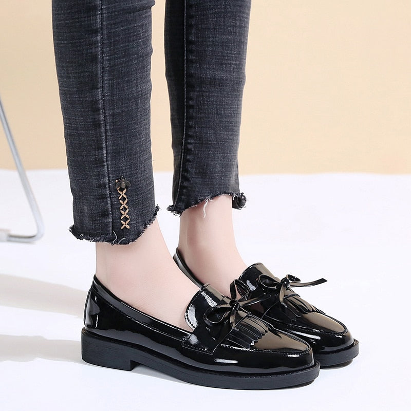 Rimocy Black Patent Leather Women's Loafers Platform Slip on Shoes for Women Spring British Tassel Casual Flats Shoes Woman