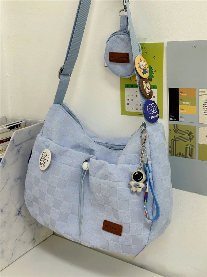 INGVN  Harajuku Style College Crossbody Bag Solid Color Plaid Print Large Capacity Shoulder Bag New Cute Fashion Designer Handbag