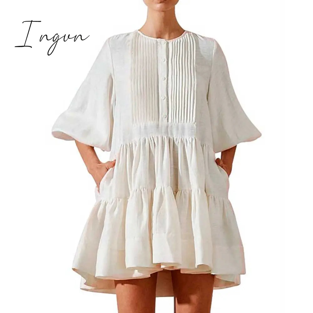 Ingvn - pleating women dress long sleeve spring autumn dress fashion ladies dress pockets mini sexy dress women
