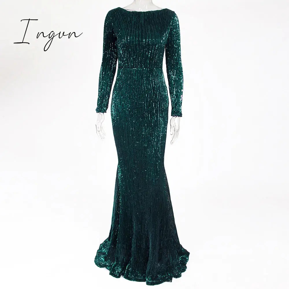 Ingvn - Elegant O Neck Long Sleeve Sequin Maxi Dress Floor Length Stretchy Bodycon Party Dress Gold Green Burgundy Black