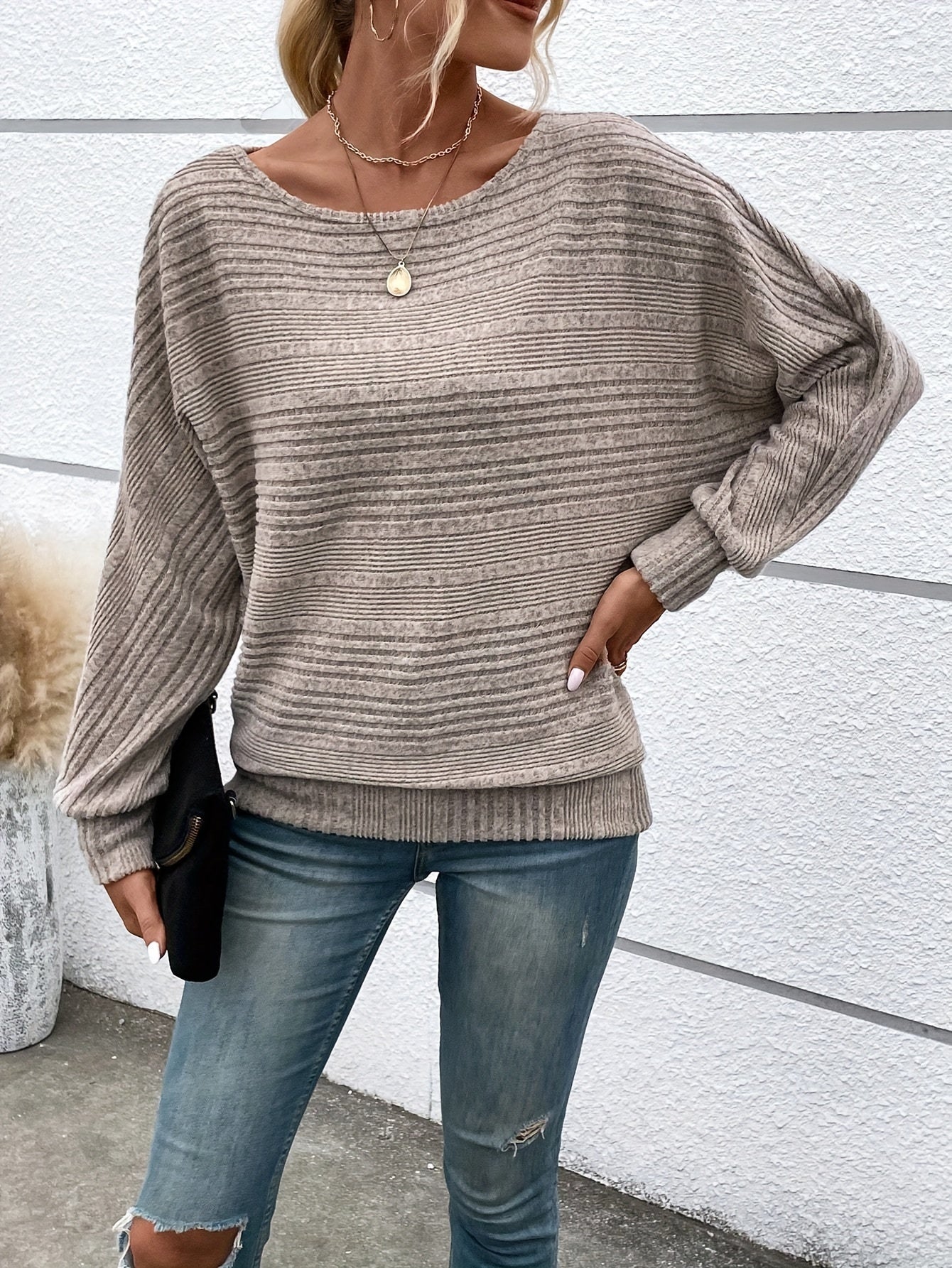 Solid Crew Neck Pullover Sweater, Casual Batwing Sleeve Loose Sweater, Women's Clothing