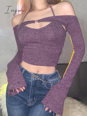 Ingvn - Y2K Top Women Long Sleeve T-Shirts 2 Piece Tops Halter Tanks Backless Crop Top Off Shoulder Tees Sexy Christmas Clothes