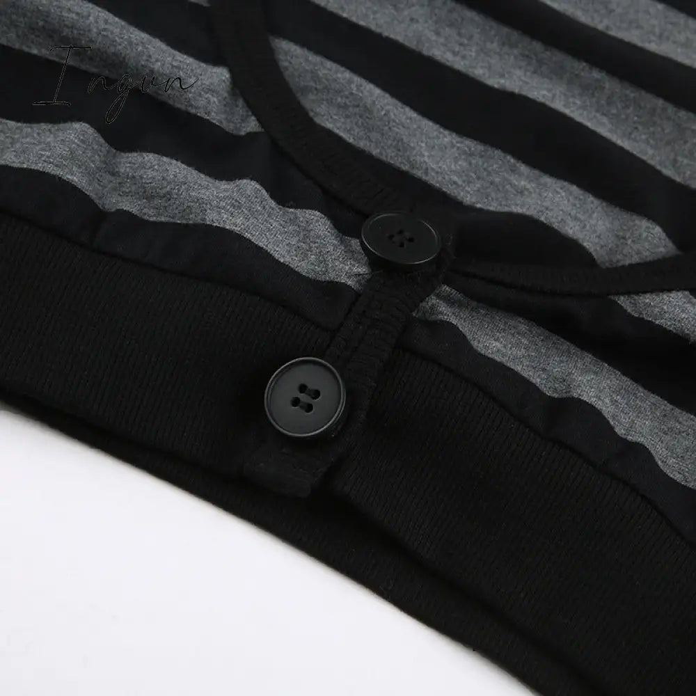 Ingvn - Y2K Striped Crop Top Button Knitted Full Sleeve T Shirt V Neck Vintage Grunge Tee Autumn Winter Women Harajuku Outfits