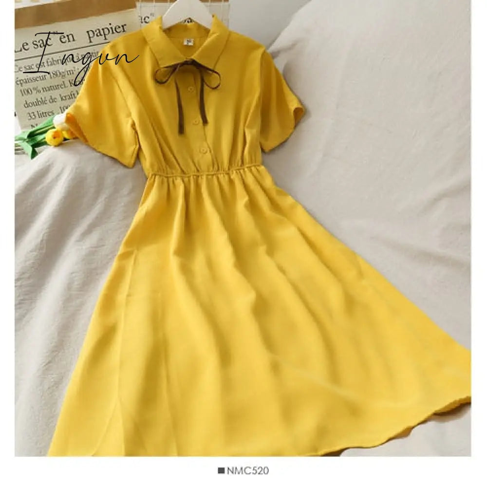 Ingvn - Dress Women Chiffon Bow Solid High Waist Turn-down Collar Preppy Style Kawaii Ulzzang Popular Temperament Girls Summer Holiday