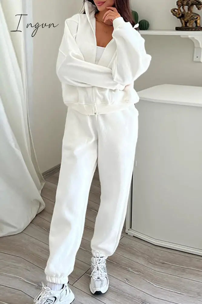 Ingvn - Casual Simplicity Solid Draw String Hooded Collar Long Sleeve Two Pieces