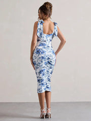 Floral Print Backless Sexy Maxi Dress For Women Gown Spaghetti Strap Square Collar Ruched Bodycon Club Party Dress
