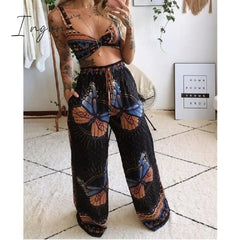 Ingvn - 2 Pecs Suit Summer Tracksuit Sets Womens Outfits Boho Beach Style Print Underwear Loose Wide Leg Pants Ropa Mujer Подходить New