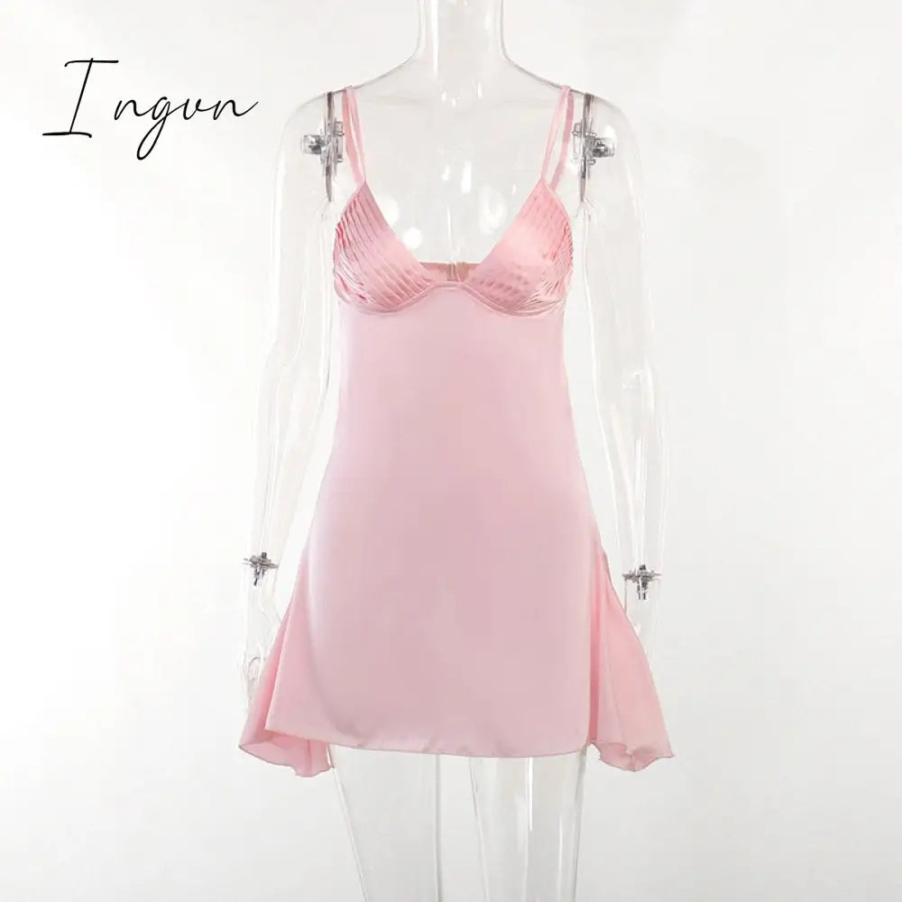 Ingvn - Satin Spaghetti Strap Sexy Mini Dress Women Robe Summer New Deep V Neck Sleeveless backless Club Party Dress Vestido
