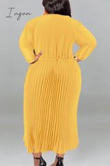 Ingvn - Gold Casual Street Solid Patchwork Draw String Zipper Pleated O Neck Long Sleeve Plus Size Dresses