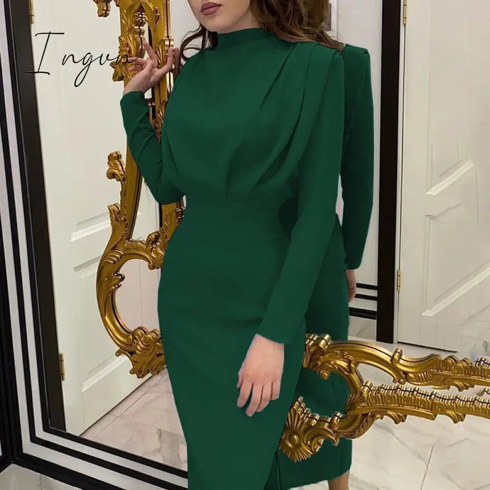 Ingvn - New Fashion Solid Party Dress Women Elegant Stand Collar Pleated Slim Long Dresses Lady Autumn Spring Casual Commute Dress