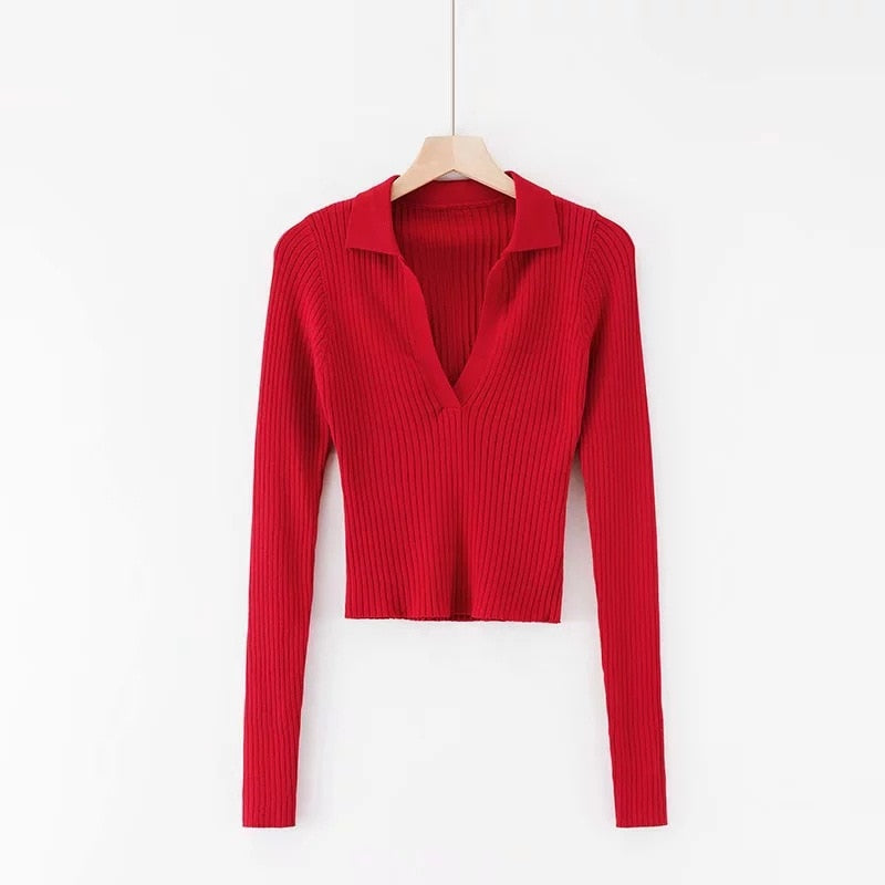 Vintage Knitted Sweater T-shirt Turn-down Collar Long Sleeve Crop Top Shirts Women Autumn Fashion Clothes Top Tees