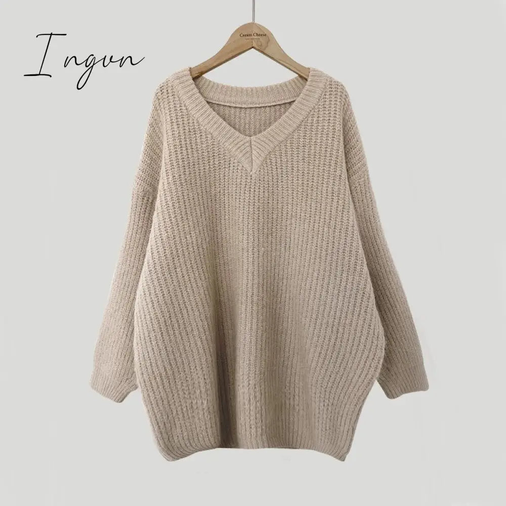 Ingvn - Green Oversized Sweaters for Women Fall Winter 2023 Korean Fashion Long Loose Pullovers V Neck Long Sleeve Jumpers