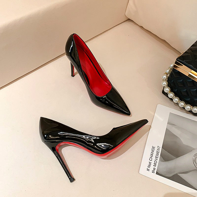 Red Bottom Black High Heels Women's Thin Heel Sexy Night Game Spring and Autumn New Bed Patent Leather Pure Desire Style Single Shoes