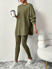 Sleek Duo, Elegant Solid Color Ribbed Hoodie & Leggings Set for Women - Long Sleeve, Polyester Blend, Machine Washable - Perfect for Spring/Fall