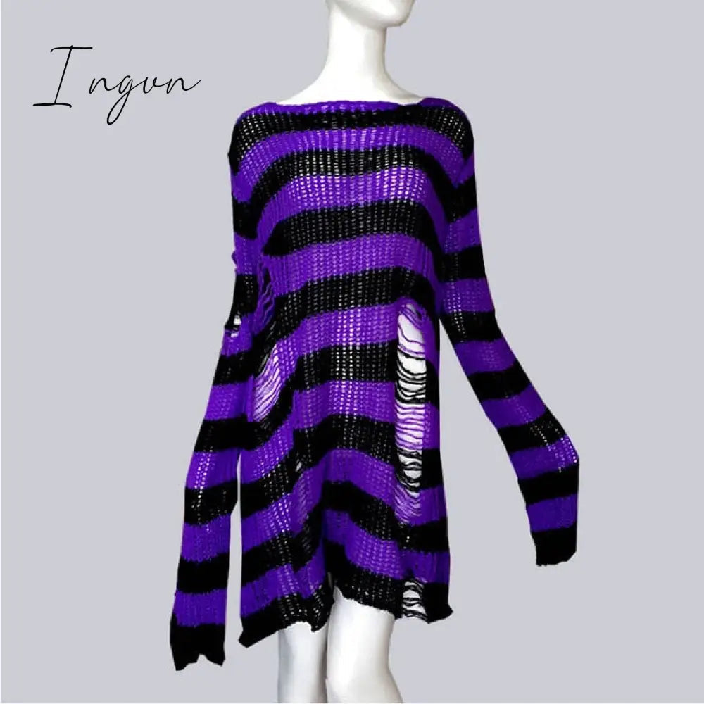 Ingvn - Plus Size Punk Gothic Long Unisex Sweater Dress Women Man Striped Cool Hollow Out Hole Broken Jumper Loose Rock Thin Sweter