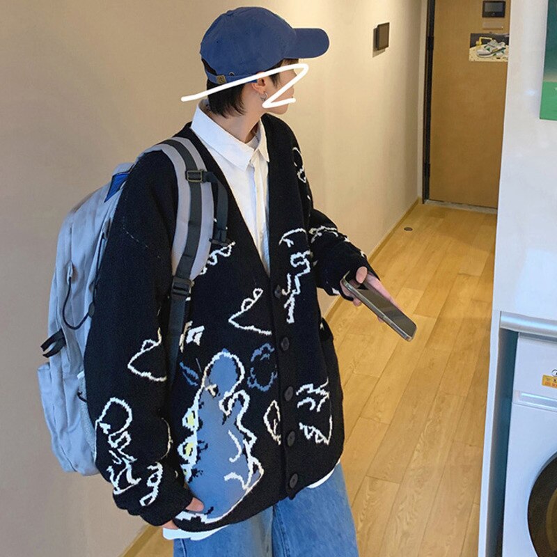 Oversized Cardigan Knitted Sweater Streetwear Loose Male Top Coat Hip Hop Sweater Cartoon Pattern Pullovers