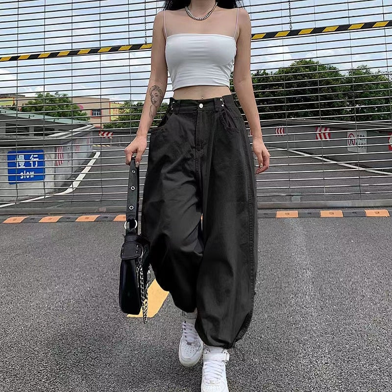 Khaki Oversized Cargo Baggy Pants Y2K Hip Hop Style Loosed  Adjustable Waist Drawstring Long Pant Streetwear 90s Style Clothes