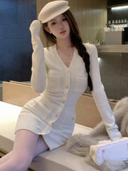 2K Autumn Women's Knitted Dress New Fashion V-Neck Long Sleeve Single Breasted Bodycon Party Mini Dresses Solid Casual Vestidos