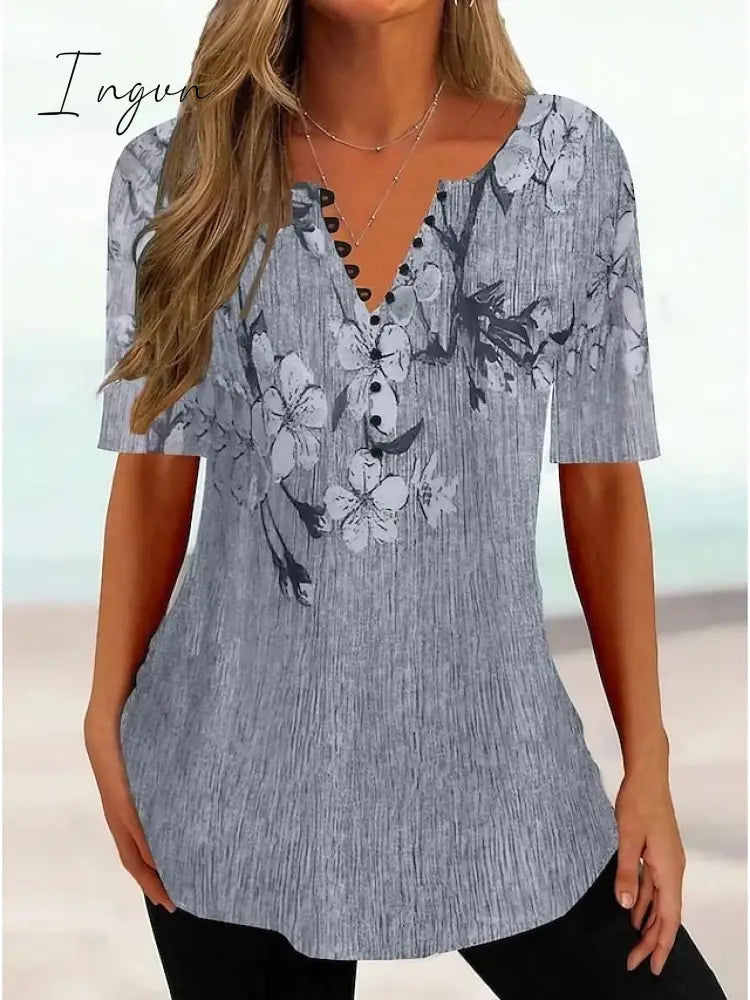 Ingvn - Women's T shirt Tee White Yellow Pink Floral Button Print Short Sleeve Holiday Weekend Tunic Basic Round Neck Regular Floral Painting