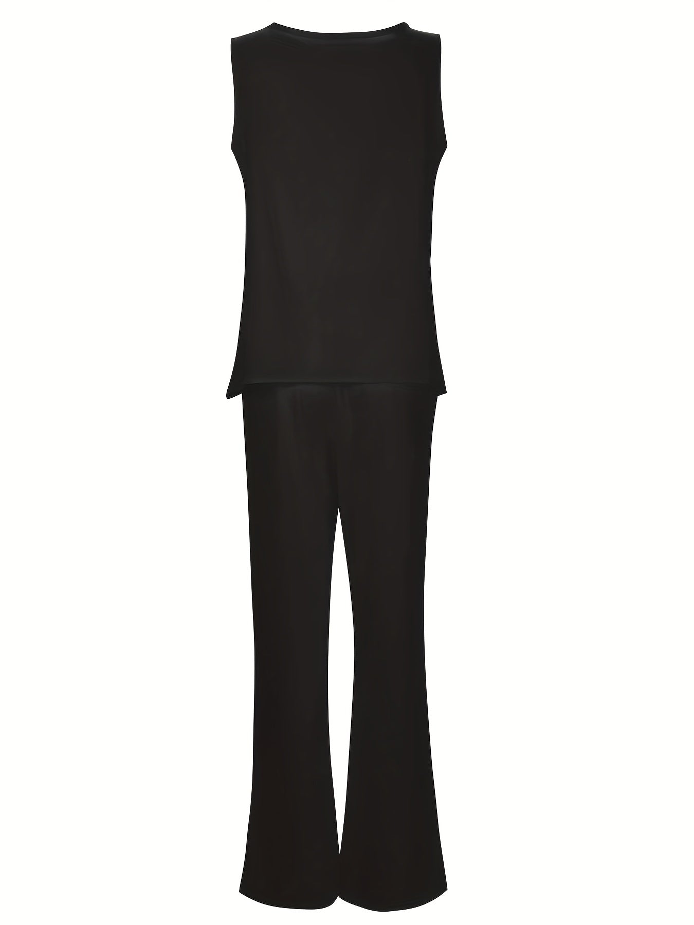 Plus Size Casual Outfits Two Piece Set, Women's Plus Solid Round Neck Tank Top & Wide Leg Pants Outfits 2 Piece Set