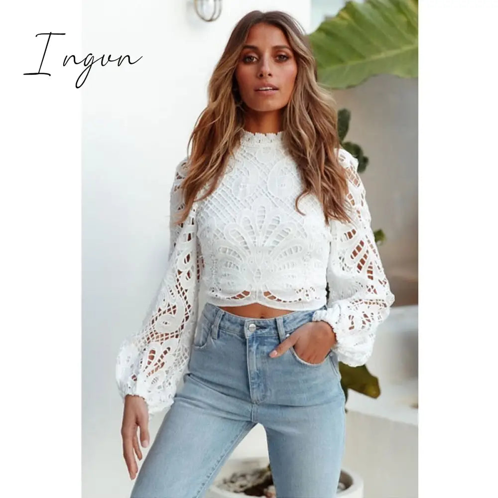 Ingvn - Sexy Long Sleeve Lace Blouse Women Tops Casual White Crochet Hollow Out Cropped Women's Shirt Turtleneck Female Blusas 16296