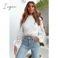 Ingvn - Sexy Long Sleeve Lace Blouse Women Tops Casual White Crochet Hollow Out Cropped Women's Shirt Turtleneck Female Blusas 16296