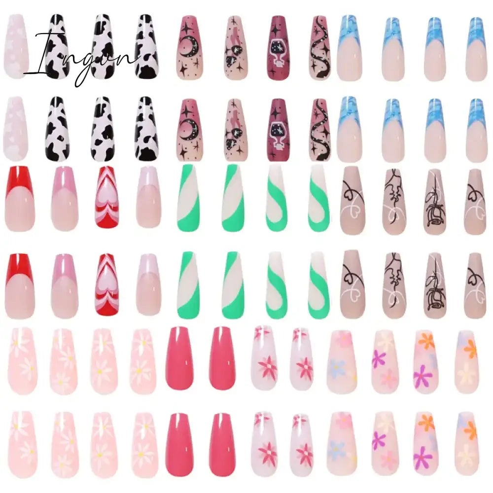 Extra Long Coffin Fake Nail Black And White Plaque False Nails French Ballerina Artificial Full Cover Nail Tips Press On Nail