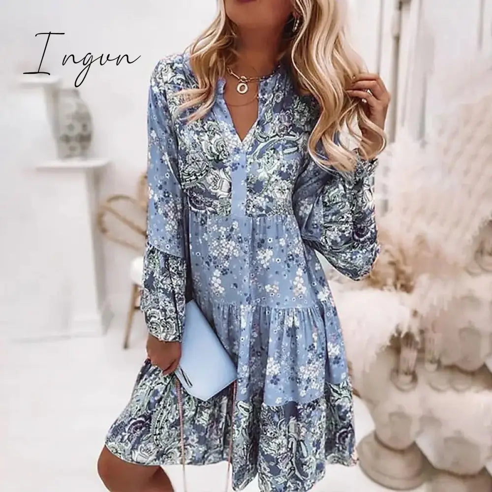 Ingvn - Spring summer v-neck floral short-sleeved dress