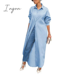 Ingvn - Women Shirt Windproof Shirt Dress Versatile Arc Hem  Stylish Autumn Winter Solid Color Shirt Long Dress