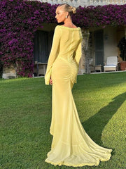 Ingvn  Woman Elegant Hollow Out Long Maxi Vacation Dress  Summer V-neck Ruffles See-through Formal Occasion Evening Party Dresses