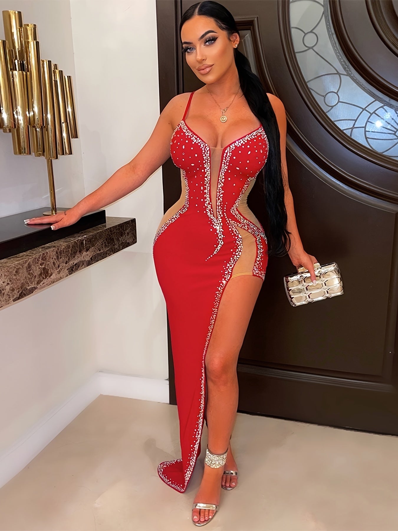 Solid Rhinestone Asymmetrical Sleeveless Dress, Sexy Off Shoulder Split Maxi Dress, Women's Clothing