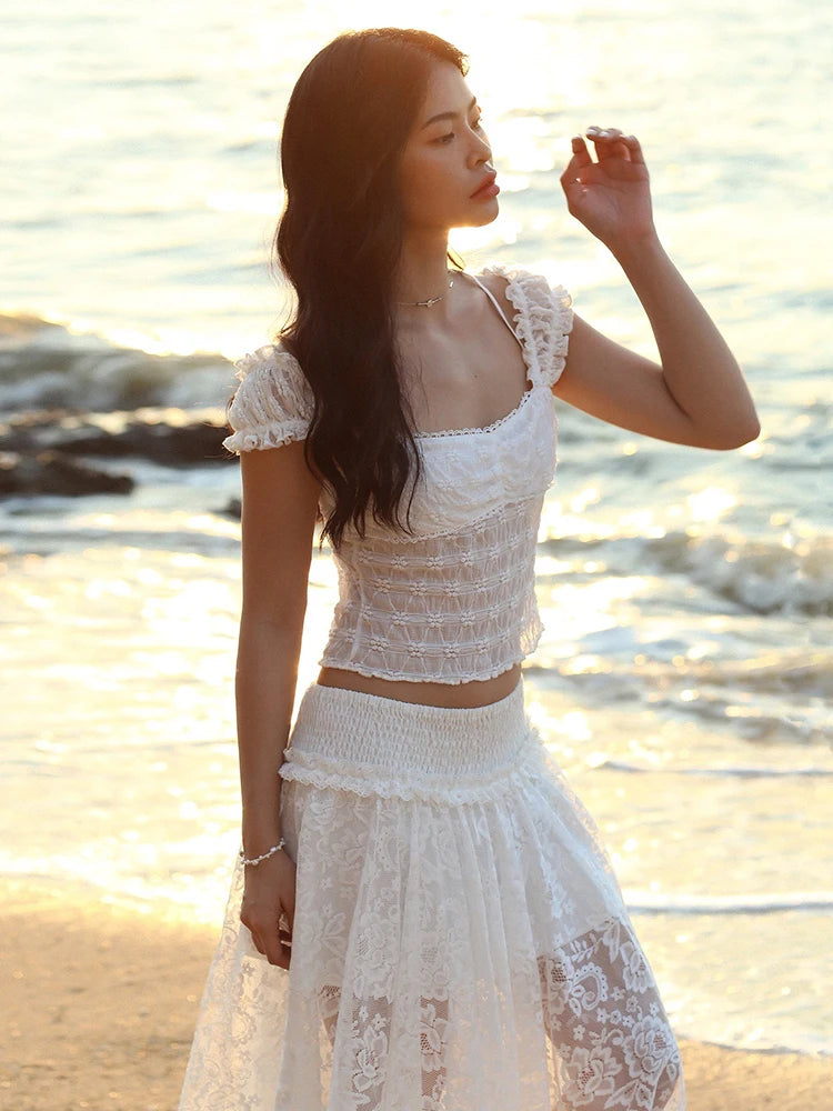 Patchwork 2-Piece Set Jacquard Women Lace Bandage Mini t-Shirt+High Slits Skinny Skirt Elasticated Waist Matching Suits