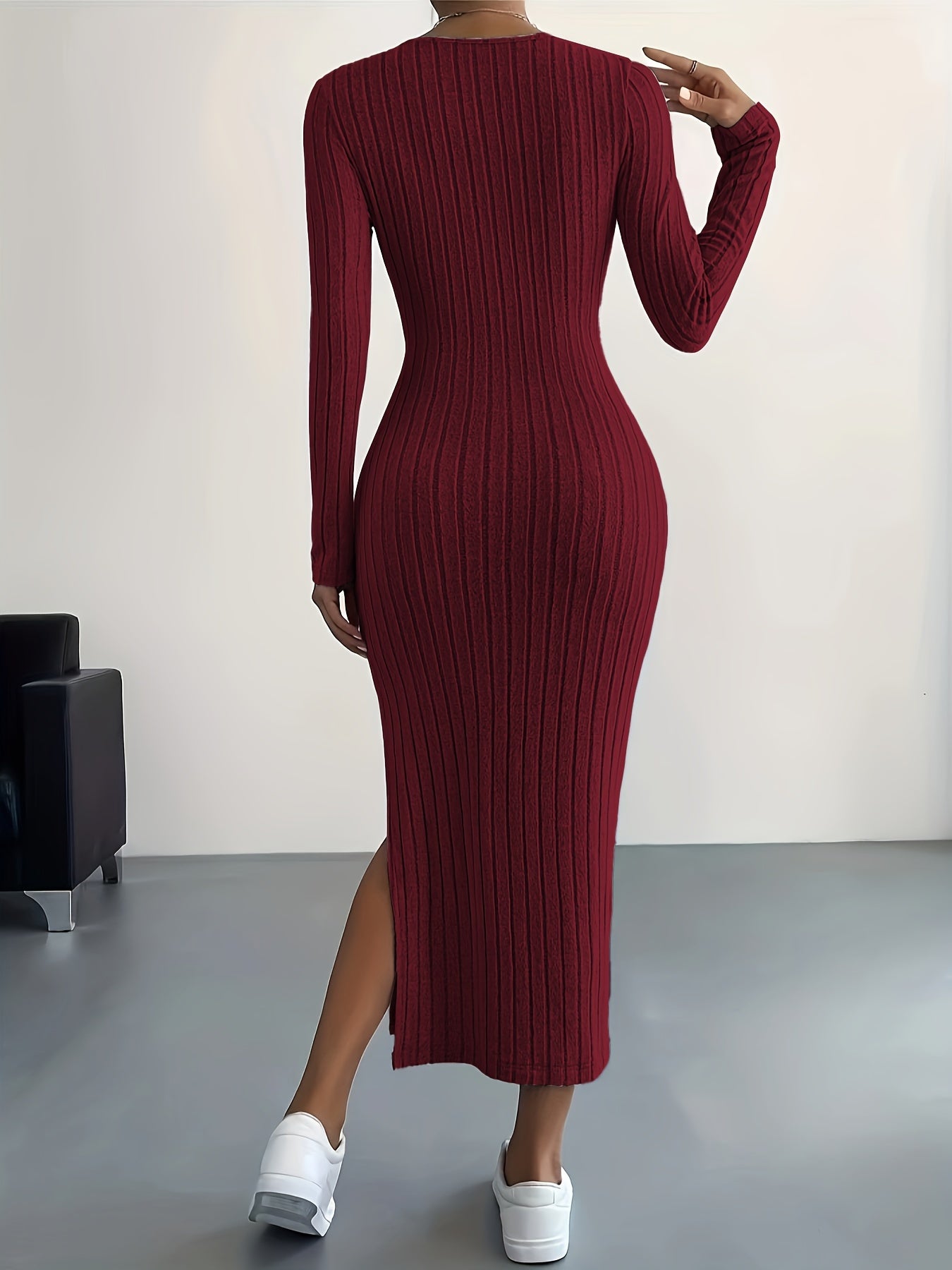 Long Sleeve Bodycon Ribbed Knit Dress - Sexy Crew Neck Split Thigh Slim Fit with Mid Elasticity - Machine Washable Polyester Fabric for Fall/Winter Season
