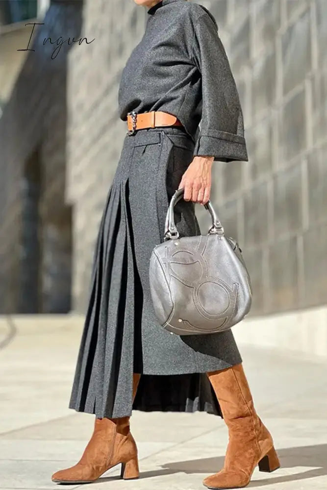 Ingvn - Casual British Style Leopard Fold Without Belt O Neck Waist Skirt Dresses(No Belt)
