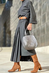 Ingvn - Casual British Style Leopard Fold Without Belt O Neck Waist Skirt Dresses(No Belt)