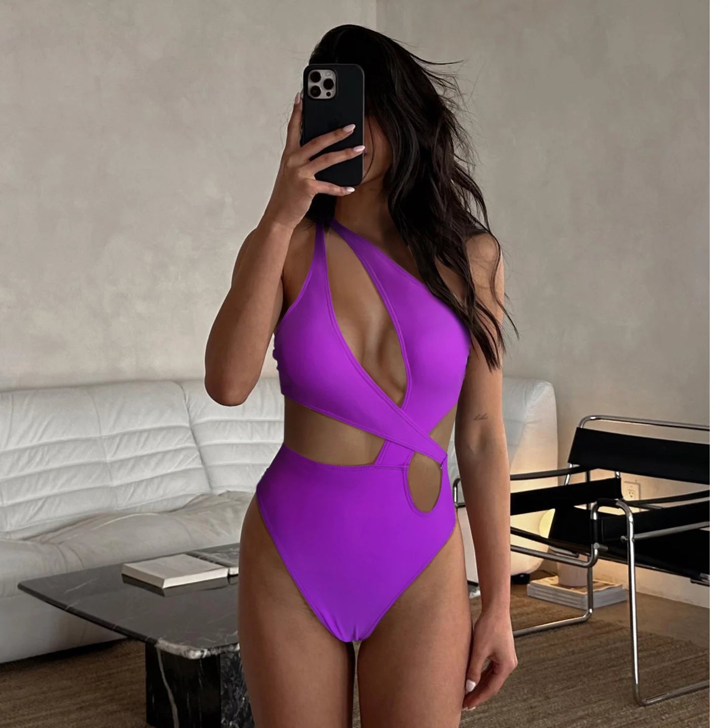 New Hollow One Piece Swimsuit  Sexy Swimwear Women Off The Shoulder Swimsuit Halter Swim Suit Solid Print Beach Wear Female