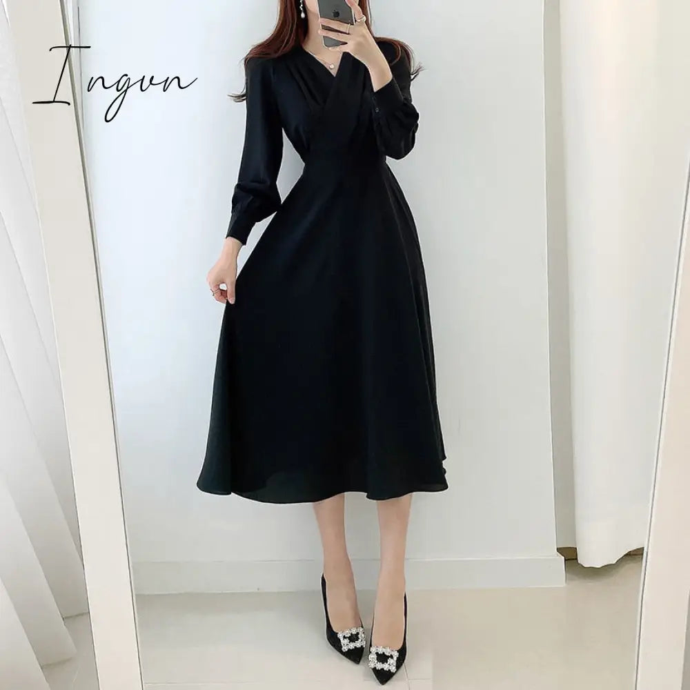 Ingvn - Harajuku V-neck Puff Sleeve A-line Maxi Dresses for Woman Women Solid Color Midi Robe Korean Office Dresses Elegant Spring