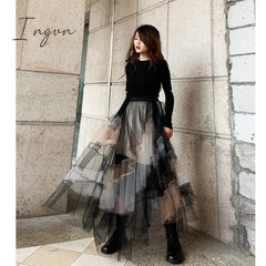 Ingvn - Women Mesh Skirt 2023 Spring High Waist Skirts Female Contrast Color Long length Fashion Streetwear