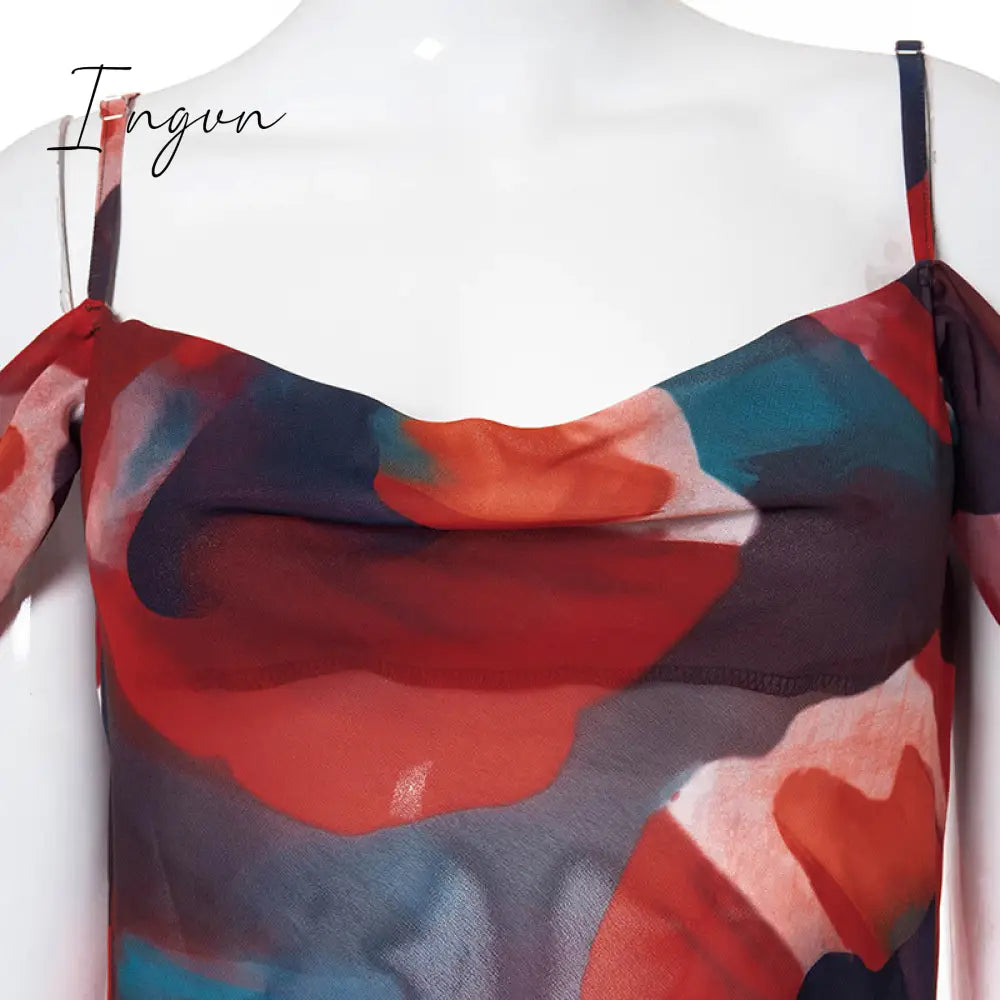 Ingvn - Outfits Summer New Beach Vacation Bohemian Fashion Shoulder Straps Sleeveless High Waist One Shoulder Temperament Elegant Long Dress