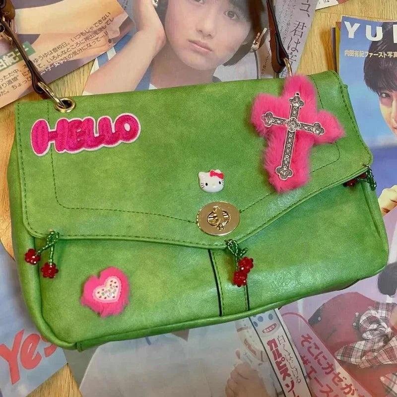 Ingvn  Vintage Hello Kitty Womens Shoulder Bag Y2k Green Original Cross Harajuku Style Crossbody Bag Fashion Luxury Female Handbag