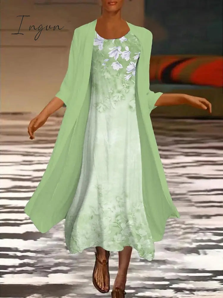 Ingvn - Women‘s Dress Set Two Piece Dress Midi Dress Green Blue Purple Pink White Long Sleeve Floral Ruched Print Summer Spring Fall Crew Neck Elegant Casual Classic 2023 S M L XL XXL 3XL / Summer Dress