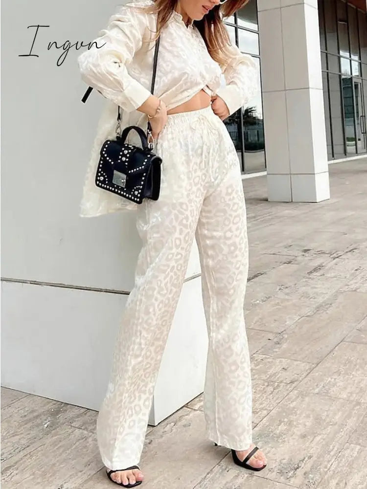 Ingvn - Women's Shirt Pants Sets Black White Red Leopard Print Long Sleeve Casual Daily Fashion Shirt Collar Regular Fit Spring &  Fall