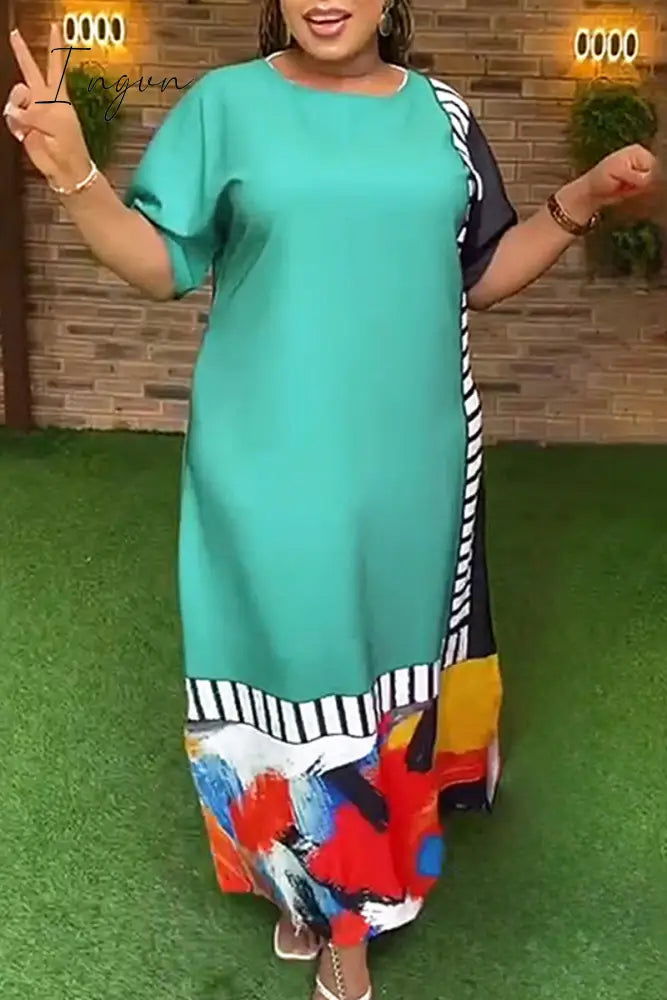 Ingvn - Blue Casual Striped Color Block Patchwork O Neck Long Dress Plus Size Dresses