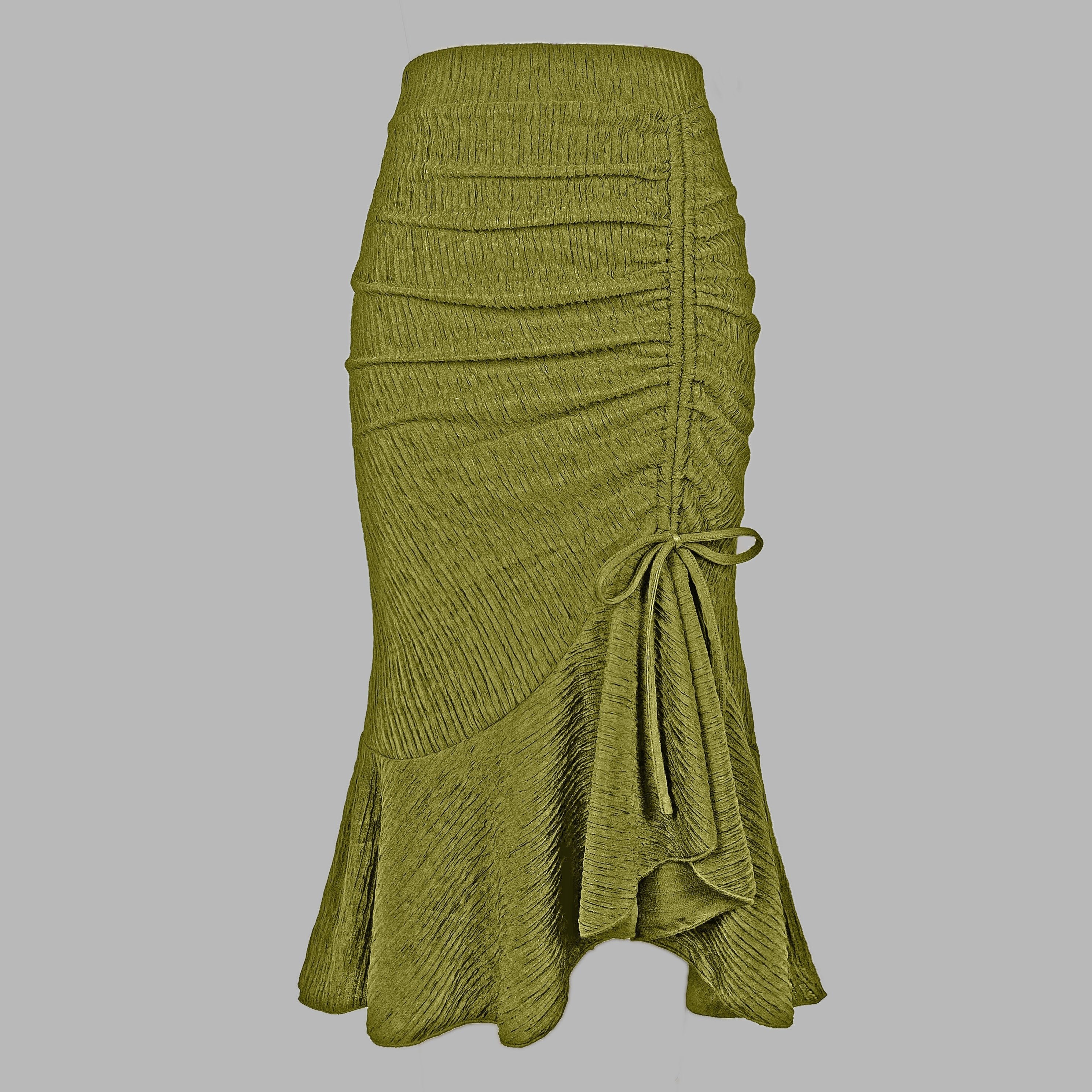 Solid Textured Drawstring Bodycon Skirt, Elegant High Waist Mermaid Hem Ruched Skirt, Women's Clothing