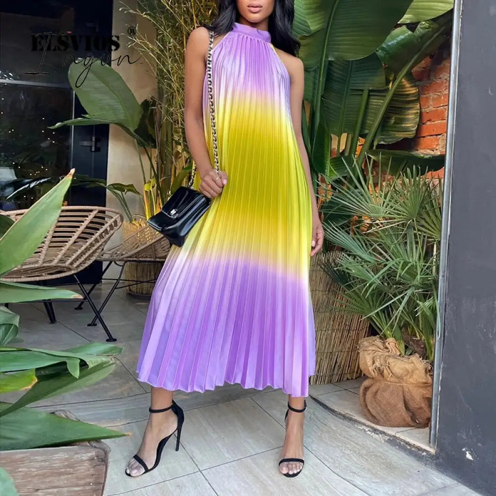Ingvn - 2023 Fashion Women O Neck Long Dress Spring/Summer Casual Sleeveless Boho Pleated Dresses Lady Elegant Loose Beach Party Dresses
