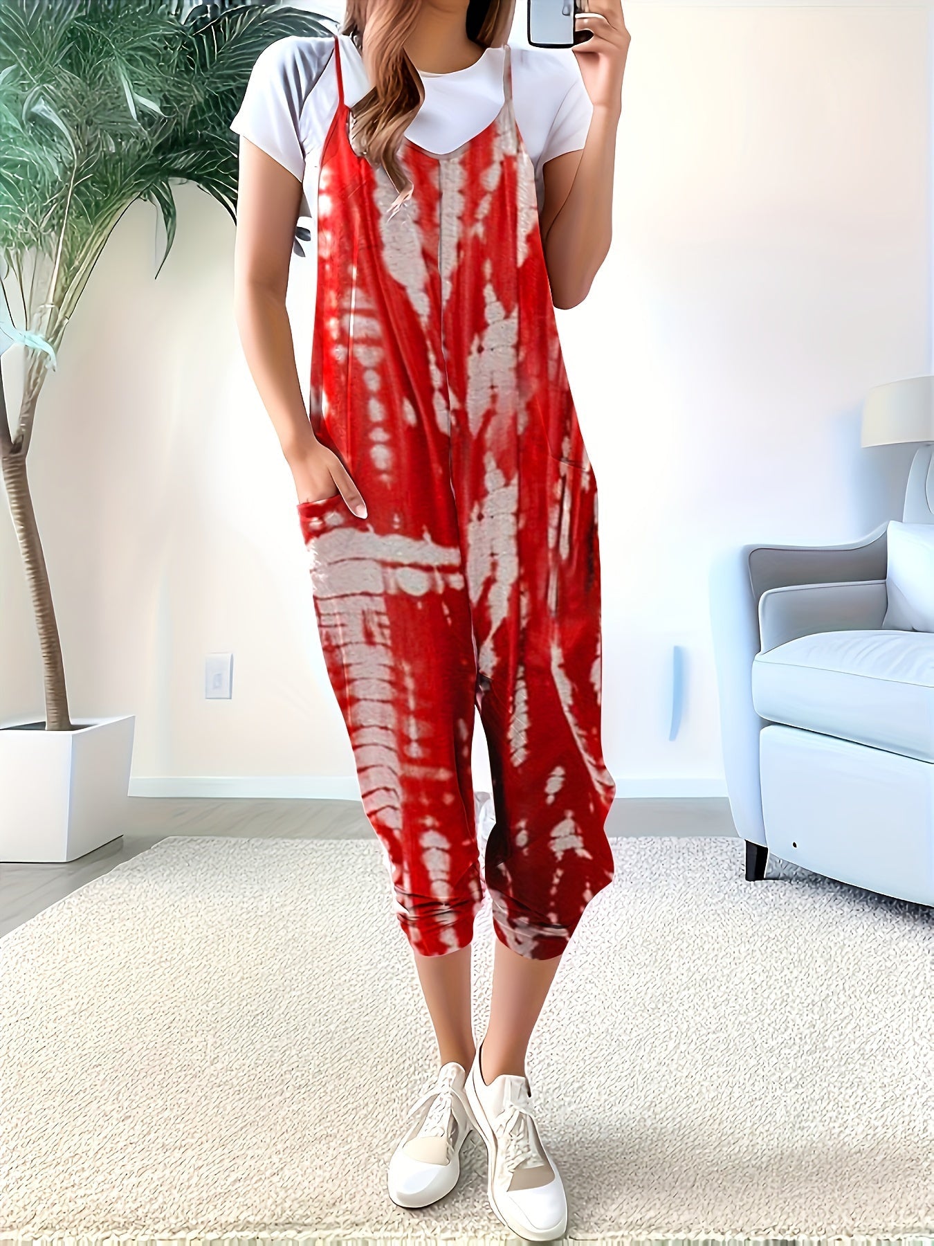 Solid Patched Pockets Overall Jumpsuit, Versatile V-neck Overall Jumpsuit For Spring & Summer, Women's Clothing