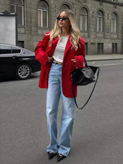 Ingvn  Women's Red Suit Temperament Shoulder Pads Loose Coat Collar Pocket Casual Cardigan Fashion Office Ladies Suit Jacket