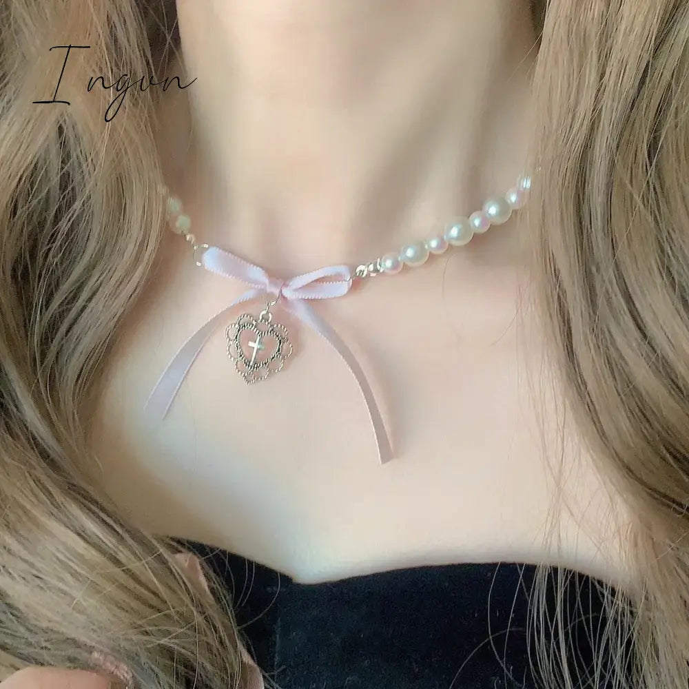 Bowknot Love Cross Imitation Pearl Pendant Necklace for Women French Romantic Sweet Clavicle Chain Harajuku Fashion Y2K Jewelry
